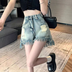 Hnewly Korean Blue Ripped Denim Shorts Women Fashion Summer Tassel Straight Hot Shorts Woman A-Line All Match Short Jeans Female