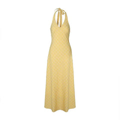 Hnewly Elegant Sweet V-neck Long Dress Women Butter Yellow Casual Sexy Beach Midi Dresses Korean Style Lace Up Dress Backless