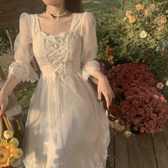 Hnewly Spring Summer New French Style Women Dress 3/4 Sleeve Fairy Casual Long Dress Square Collar Patchwork Lace Party Dress