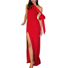Hnewly New Long Dress Temperament Slant Neck Party Bag Hip Skirt Split Design Dress for Women
