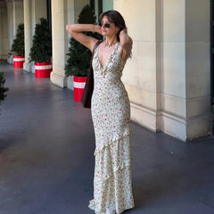 Hnewly Floral Print Sexy V Neck Ruffles Elegant Bodycon Maxi Dresses Spring Fashion Holiday Streetwear Party Women's Vestidos