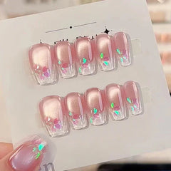 Hnewly 10Pcs Handmade Press on Nails Full Cover Shiny Cat Eye Butterfly Design Pink False Nails French Square Ballet Wearable Manicure