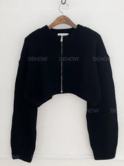 Hnewly Zip Up Knit Sweater Cardigan Women Long Sleeve Boxy Fit Zipper Front Crop Sweater Jacket Teen-girl Fall Winter Acubi Y2k Outfit