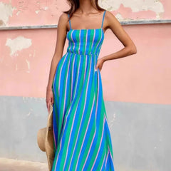 Hnewly Summer Fashion New Women's Elegant Beach Vacation Dress with Strap Printing Stripe Casual Long A-line Dress Y2k Dress