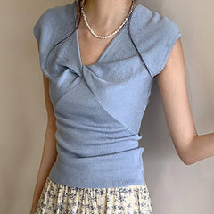 Hnewly Y2K Streetwear V-Neck Knitted Tees Women Korean Pleated Sleeveless Skinny Tops Ladies Fashion Solid Color Summer T-Shirts Mujer