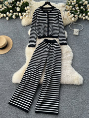 Hnewly Elegant Knitted Set for Women's High End Versatile Round Neck Striped Knitted Cardigan+High Waist Casual Wide Leg Pants 2PCS