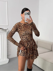Hnewly Women Casual Full Sleeve Ruffled Mini Dress Chic Round Neck High Waist Layered Pleated Slim Short Dresses Lady Daily Street Gown