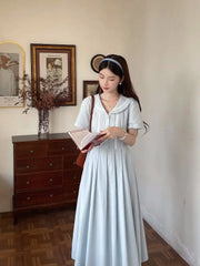 Hnewly Women Dresses Elegant Peter Pan Collar Lace Patchwork Preppy Style Short Sleeve Summer Fashion French Style Female Dress