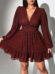 Hnewly New Sexy V-Neck Leopard Print Long-Sleeve Dress Plus Size Women Clothing American Slim A-Line Skirt Elegant Party Evening Dress