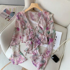 Hnewly Frenched Ruffled Deep V Neck Floral Printed Short Blouses Flared Long Sleeve Mesh Sheer Lace Up Elegant Women Summer Tops Shirts