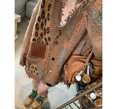 Hnewly Label Patchwork Leopard Cardigan Sweater Women Retro Ripped Tassels Button Down Knit Jacket Thick Warm Winter Outwear