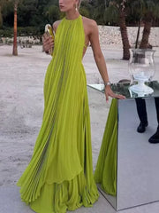 Hnewly Sexy Backless round Neck Sleeveless Beach Dress Women's Vacation Style Loose Waist Soft Polyester Gored Skirt Long Summer Dress