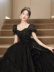 Hnewly New Graduation High School Dress French High end Black Long Evening Dresses for Women Bubble Sleeve Bridesmaid Wedding Dress