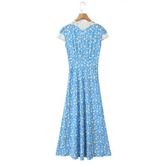 Lunivop Women Retro French Style Blue Floral Print Spliced Lace V neck Short Sleeve Dress Summer Viscose Cotton Long Dresses Vestidos