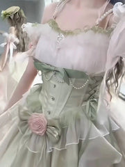 Hnewly Midsummer Dream Pink and Green Front Short Back Long Wedding Dress Lolita Dress Lolita Tailing Puffy Princess Dress