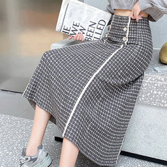 Hnewly Elegant Mix Color Plaid Skirts Women Fashion Button Knitted Skirts for Woman Spring Autumn High Waist A-Line Skirt Female