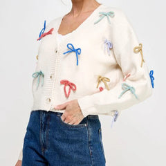 Hnewly y2k Cardigan Women Stylish 3D Bow V Neck Button Down Long Sleeve Sweater Jacket Top 2000s Aesthetic Clothing Streetwear