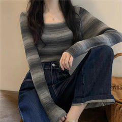Hnewly y2k Tops Women Casual Clothes Striped Square Neck Long Sleeve Knitted T Shirts 2000s Aesthetic Clothing Streetwear
