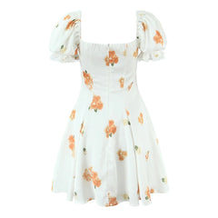 Lunivop Retro White Floral Bow Ruched Chest Lace Slash Collar Satin Mini Dress Women Short Puff Sleeve Low Waist Swing Dresses Robe