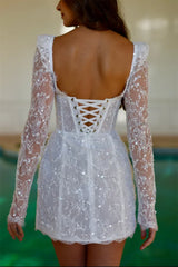 Lunivop Long Sleeves Mini Wedding Dress For Women Sequins Shiny Illusion Backless Square Collar Above Knee Bridal Gowns