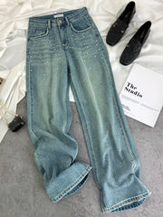 Hnewly Korean Style Rhinestone Jeans For Women Spring New High Waist Loose Washed Wide Leg Pants Chic Niche Design Straight Denim Pants