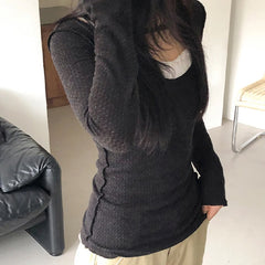 Hnewly Patchwork Fake Two-piece T-shirt Autumn Winter Furry Stitching Full Sleeve Elastic Knitwears Korean Style T Shirts Casual