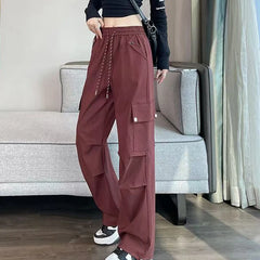 Hnewly Summer High Waist Solid Cargo Pants Women Y2K Drawstring Pocket Straight Pants Woman Fashion Simple Wide-Leg Trousers Mujer