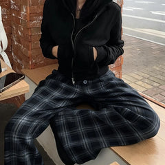 Hnewly Summer Women's Baggy Pants, Fashion Black Plaid Casual Pants Loose Elastic Waist Pocket Style Street Hip Hop Wide Pants