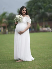 Hnewly Elegant White Maternity Photoshoot Dress Off Shoulder Chiffon Maxi Gown Pregnancy Photography Outfit Baby Shower Studio Wear