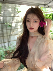 Hnewly Summer Casual Temperament Party Dress Long Sleeve Puff Sleeve V-Neck Yellow Floral Dress Vintage Slim Fit Korean Dress