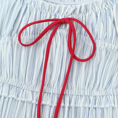 Hnewly Sexy Blue White Striped Elastic Strap Slash Shoulder Dress Folded Elastic Waist Swing A-line Short Tank Robe Holiday Woman