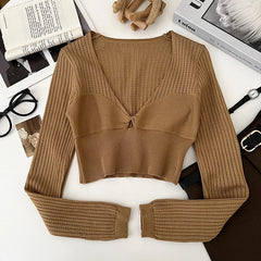 Hnewly Rib Knit Crop Top with Keyhole Criss-Cross Front Long Sleeve V-Neck Short Sweater Pullovers Women Teen-girl Y2K 90s Outfit