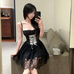 Hnewly Woman Dress Bandage Sleeveless Slim Lace Patchwork Mesh Ribbon Backless Sweet Elegant Party Mini Dresses Female