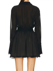 Hnewly Women Elegant Shirt Dress Mesh Sheer Long Sleeve Turn-Down Collar Pleated A-line Mini Dress Autumn Vintage Sexy Clothes