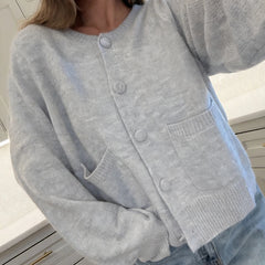 Hnewly Women Autumn Knit Cardigans with Pockets Casual Button Up O Neck Long Sleeve Knitwear Vintage Loose Fit Sweater Coats Winter