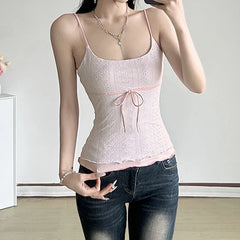 Hnewly Sweet Contrast Pink Camisole Cute Coquette Lace-up Bow Patchwork Cropped Top Summer Casual y2k Skinny Tee Fairycore Women