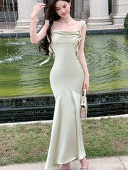 Hnewly Women Elegant Solid Bodycon Mermaid Dresses Summer New Fashion Strap Ruffles beach Vestido Women Wedding Party Clothing