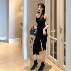 Hnewly New Vintage Women Dress Spaghetti Strap Slit Velvet Black Dress Sexy Bodycon Bandage Dress Midi Party Dress Verano Vestidos