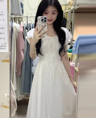 Hnewly Woman Dress Puff Short Sleeve Lace Up French Style Chic Summer Fashion Temperament Elegant Party Dresses Female Casual