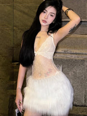 Hnewly Cutenew Hottie See Through 2 Piece Set Women Sexy Jacquard V-Neck Sleeveless Tank Top+Furry Tassel Skirt Trend Party Clubwear