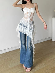 Hnewly Summer Streetwear Lace Solid Vintage Dresses 2024 Slim Fit Harajuku Woman Irregular Dress Grunge Y2k Aesthetic Ruffled Vestidos