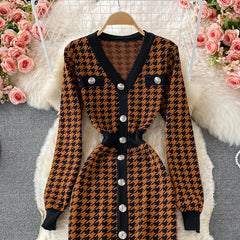 Hnewly V-neck Sweater Dress Autumn New Versatile Slim Knitted Dresses Elegant Single Breasted High Waisted A-line Gown