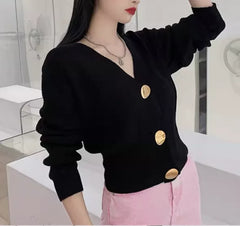 Hnewly Metallic Gold Button Cardigan Women Rib Knit Long Sleeve V-neck Button-up Crop Jacket Korean Fashion Fall Winter Outfit