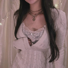 Hnewly Y2K Grunge Vintage Knitted Sweater Chic Women 90s Vintage V Neck Pullovers Aesthetics Retro Cute Jumpers Knitwear