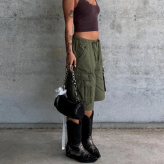 Hnewly Y2K Harajuku Drawstring Jean Shorts Womens Vintage Elastic Waist Baggy Cargo Denim Pants Cyber Grunge Stretch Jorts with Pockets