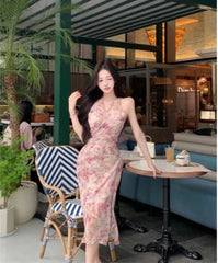 Hnewly Woman Dress Floral Printed Sleeveless V Neck Halter Slim Vintage Split Temperament Party Dresses French Style Chic