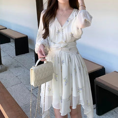 Hnewly Print Floral Women Dresses Lantern Sleeve V Neck Ruffles Vestidos Mujer Korean Fashion Sweet Elegant Mini Dress