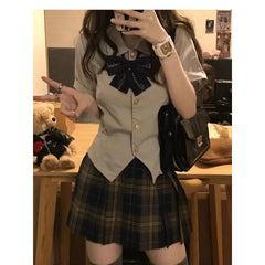 Hnewly Summer Japanese Fashion Lapel Bow Short Top Plaid Pleated Skirt Jk Suit 2pcs Women Korean Girls School Uniform Plus Size XL