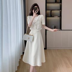 Hnewly French Vintage Solid Womens Midi Dress Short Sleeve O-neck Elegant Slim Summer Fashion Office Ladies Two Piece Set Clothing