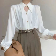 Hnewly Casual Shirts Women Fashion Romantic Solid Soft V-Neck Streetwear Spring All-match Hollow Out Retro European Style Simple Design